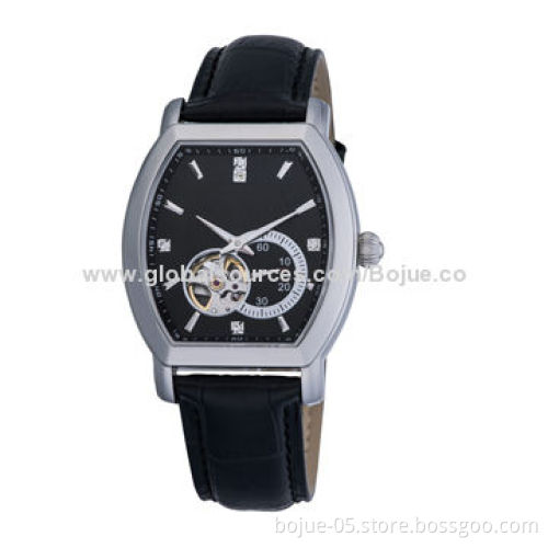 Real Leather Stainless Wrist Watch, Automatic, Oval Shaped Black Dial